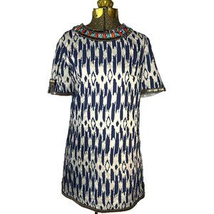Dolce Vita Jakome Beaded Tunic S Cream/Blue Tribal Print Short Sleeve Dress